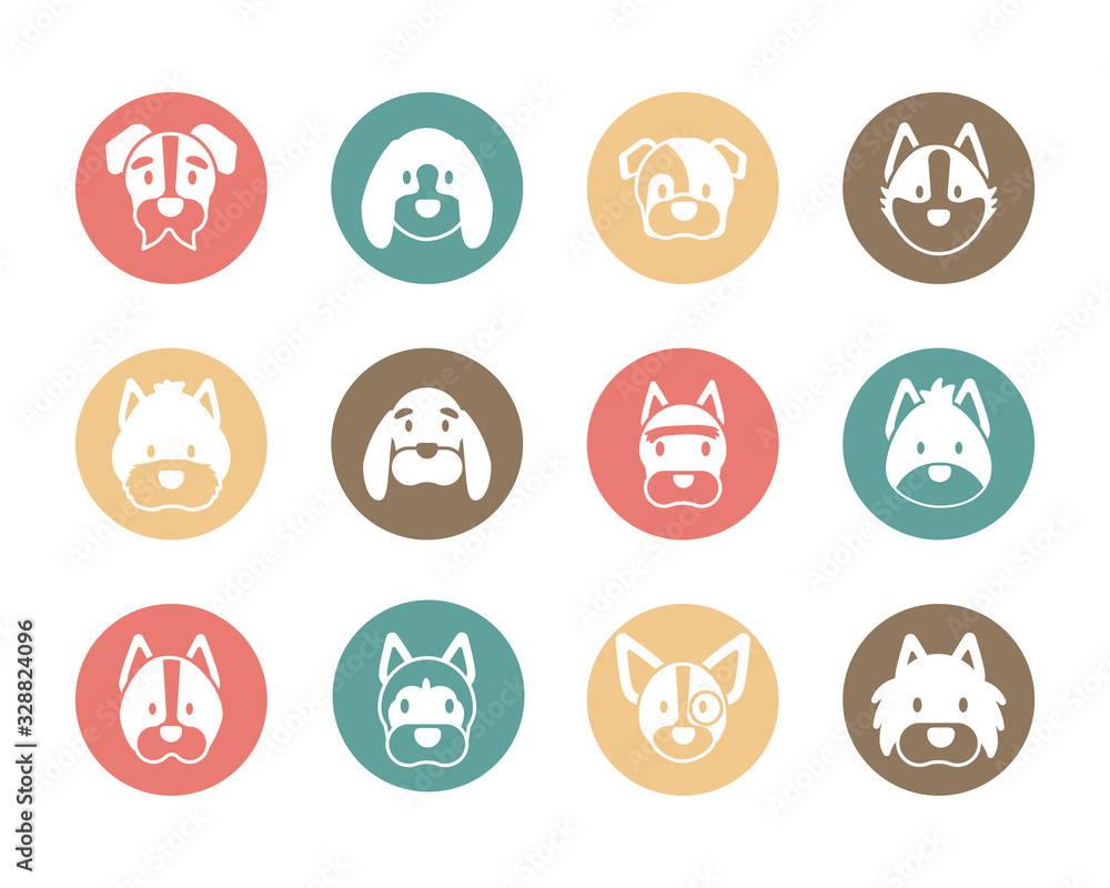 set of icons of faces different breeds of dogs set of icons of faces different breeds of dogs