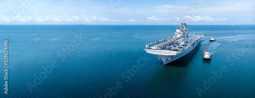 Fotografie Nuclear ship, Military navy ship carrier full loading fighter jet aircraft and helicopter patrol