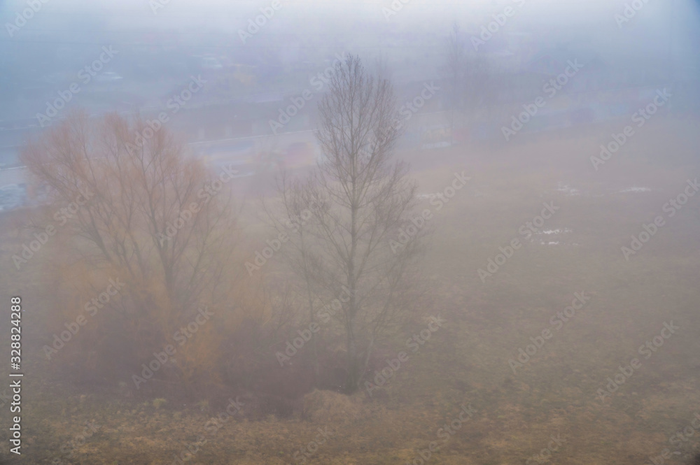 Photo of a strong morning fog over the city in spring time