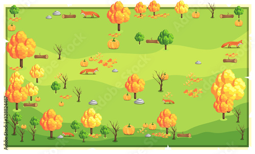Map Bright Orange Nature landscape with big trees, woods, rocks, fox, and pumpkin for Vector Illustration Design Ideas
