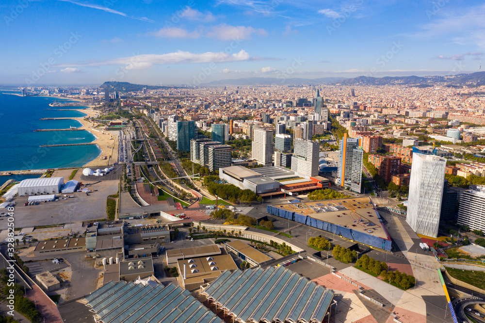 Barcelona, Spain - October 4, 2019: Panoramic view from the drone of residential area Diagonal Mar. Barcelona. Spain