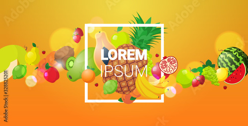 various fresh juicy fruits composition healthy natural food concept horizontal copy space vector illustration