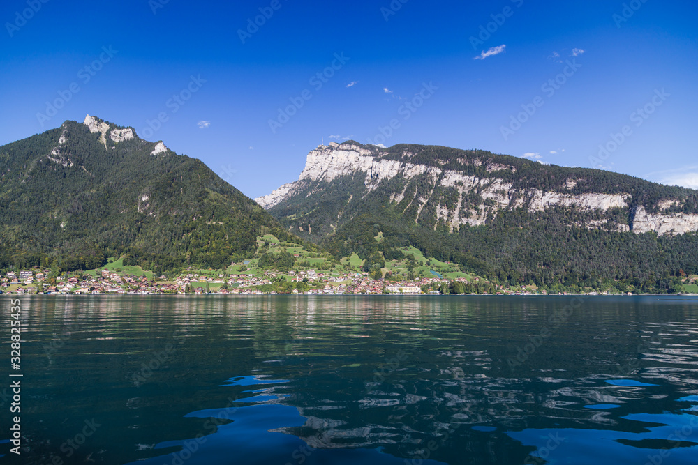 Natural landscapes of lakes, mountain and small town in Interlaken, Switzerland