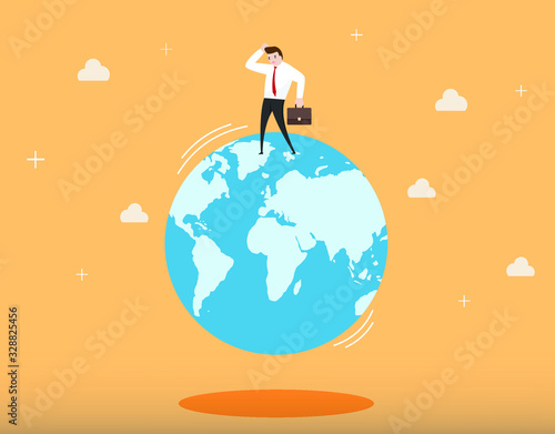 businessman with globe, man confused to decision something in business