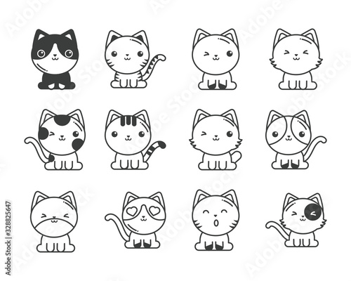 set of cute cats on white background, line style icon