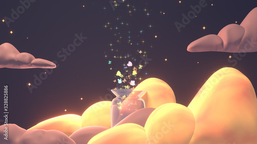 Beautiful warm orange cloudscape with magic butterfly glass jar and shiny sparkles. 3d rendering picture.
