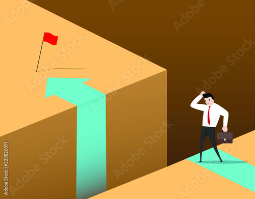 Businessman with obstructor. problem, trouble, diffcult direction. business decision and solve concept