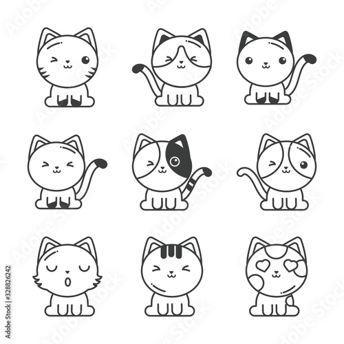 set of cute cats on white background, line style icon