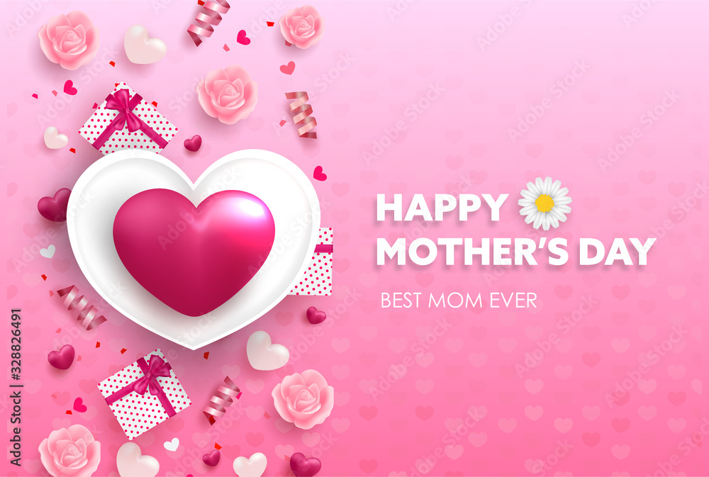 Happy mother's day sale banner with Big Heart,  lovely flowers and pink element.