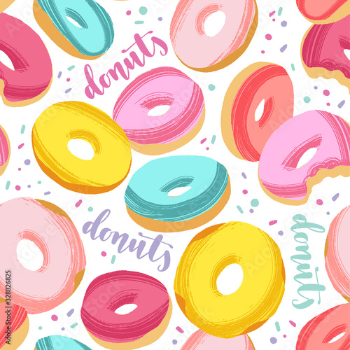Tasty colorful donuts with glaze and sprinkles. Hand drawn seamless pattern on white background.