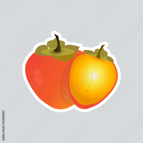 fresh juicy persimmon sticker tasty ripe fruit icon healthy food concept vector illustration