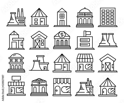 building, house, city line icons set