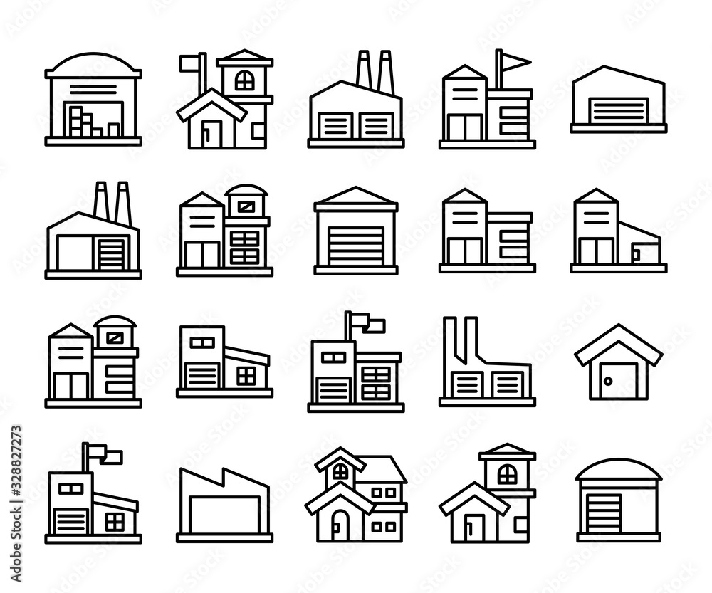 building, house, city line icons set