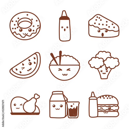 set of icons kawaii food , line style icon