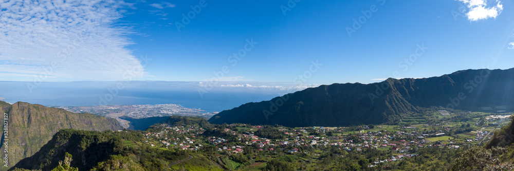 Beatiful panoramic view over Reunion island green tropical landscape