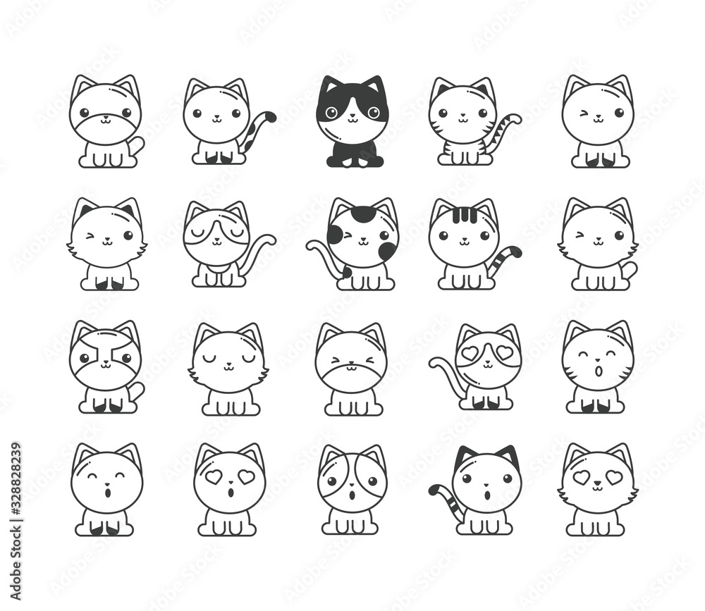 set of cute cats on white background, line style icon