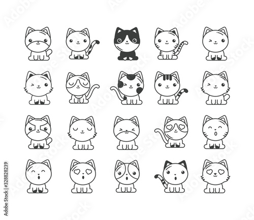 set of cute cats on white background, line style icon
