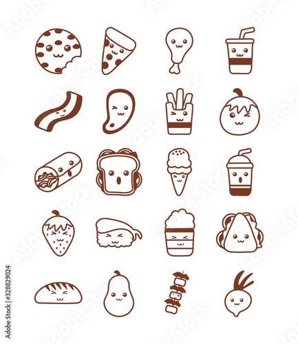 set of icons kawaii food , line style icon