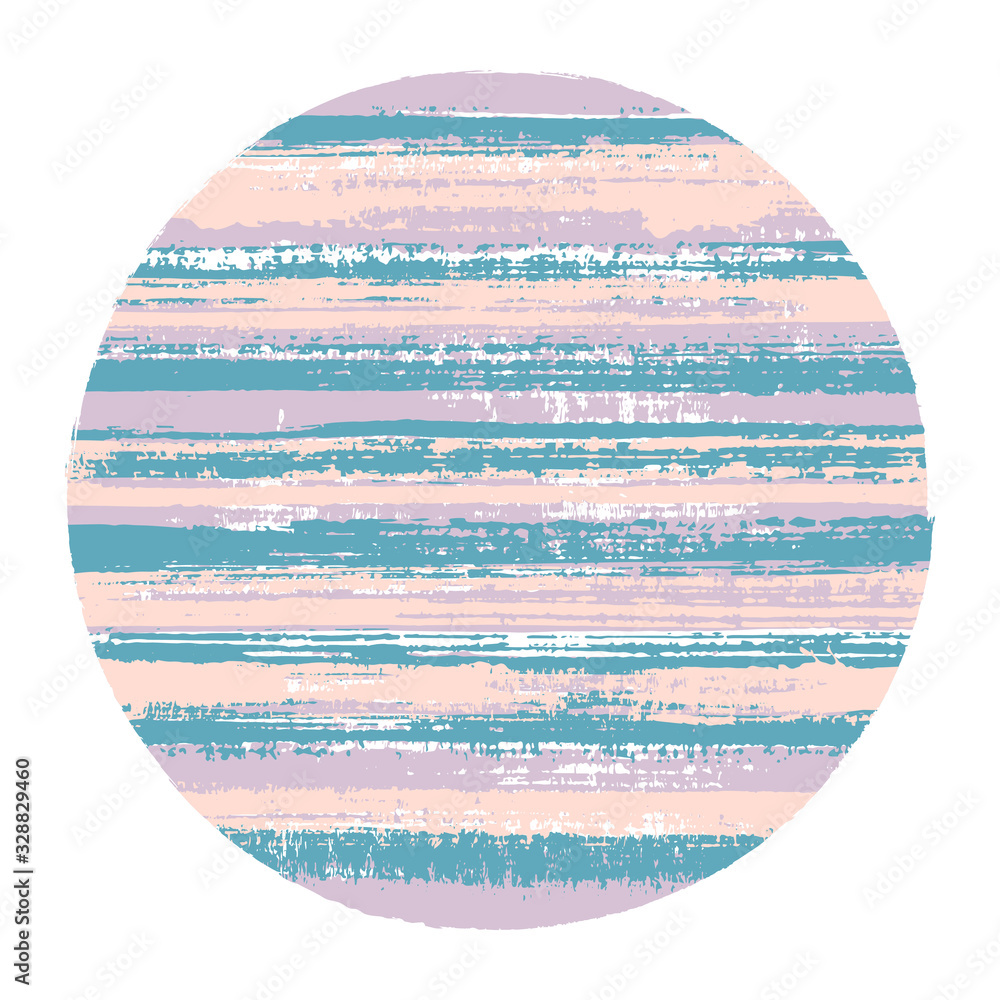 Hipster circle vector geometric shape with striped texture of paint horizontal lines. Old paint texture disc. Label round shape logotype circle with grunge background of stripes.