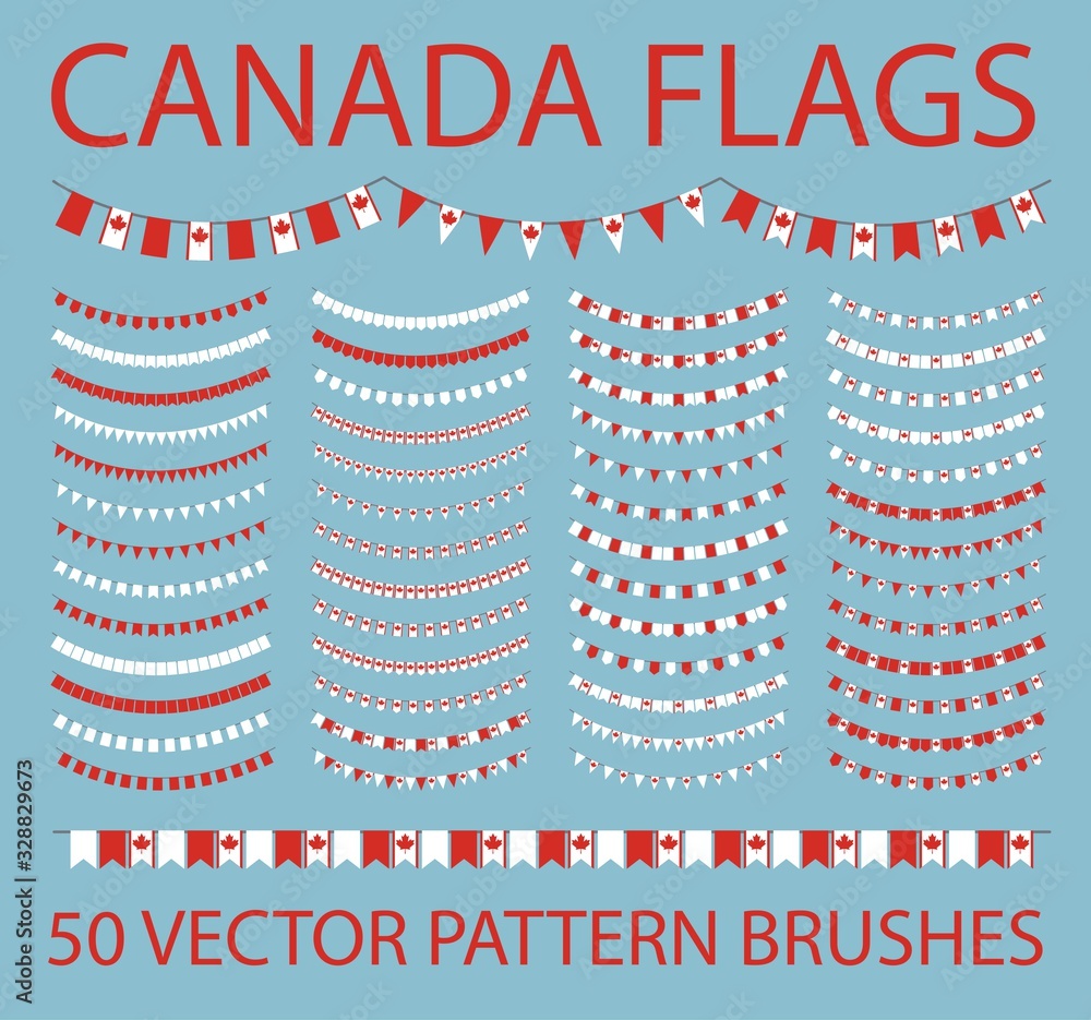 Set of 50 vector pattern brushes. Garland of canadian flags. Canada.