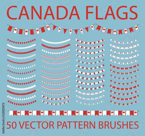 Set of 50 vector pattern brushes. Garland of canadian flags. Canada.