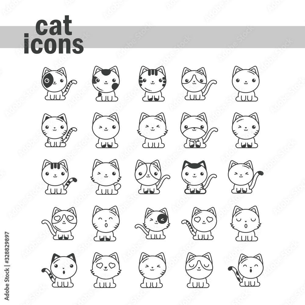 set of cute cats on white background, line style icon set of cute cats on white background, line style icon