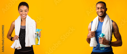 Sporty African American guy and girl with water bottles on orange background, panorama with blank space