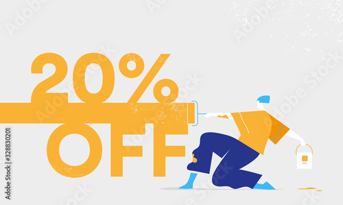 Promozione, offerta, sconto 20% OFF. Giovane artista pittura la striscia di colore con rullo