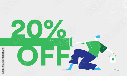 Promozione, offerta, sconto 20% OFF. Giovane artista pittura la striscia di colore con rullo - Illustrazione vettoriale