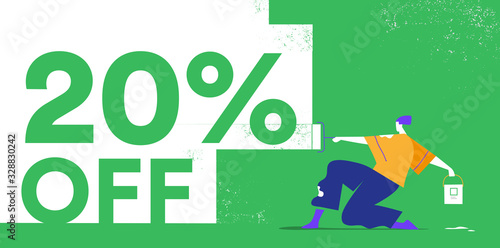 Promozione, offerta, saldi, sconto 20% OFF. Giovane artista pittura il muro photo