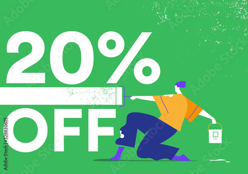 Promozione, offerta, sconto 20% OFF. Giovane artista pittura la striscia di colore con rullo sul muro
