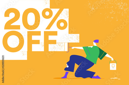 Promozione, offerta, sconto 20% OFF. Giovane artista pittura la striscia di colore con rullo