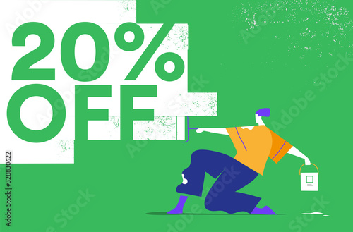 Promozione, offerta, saldi, sconto 20% OFF. Giovane artista pittura il muro