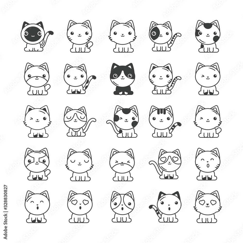 set of cute cats on white background, line style icon set of cute cats on white background, line style icon