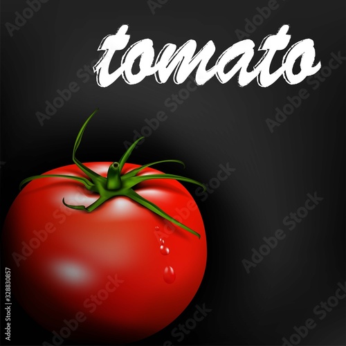 Ripe, red tomato on a dark background with text.