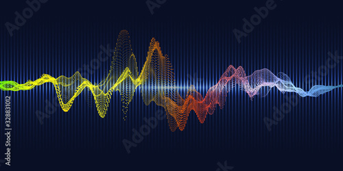 Musical abstract tech background. Equalizer with gradient color dots flow for sound and music waves. Color concept sound wave.