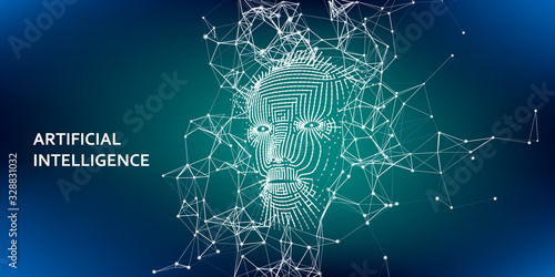 Artificial intelligence concept. 3d wireframe face. Abstract  grid human face. AI. Vector illustration.