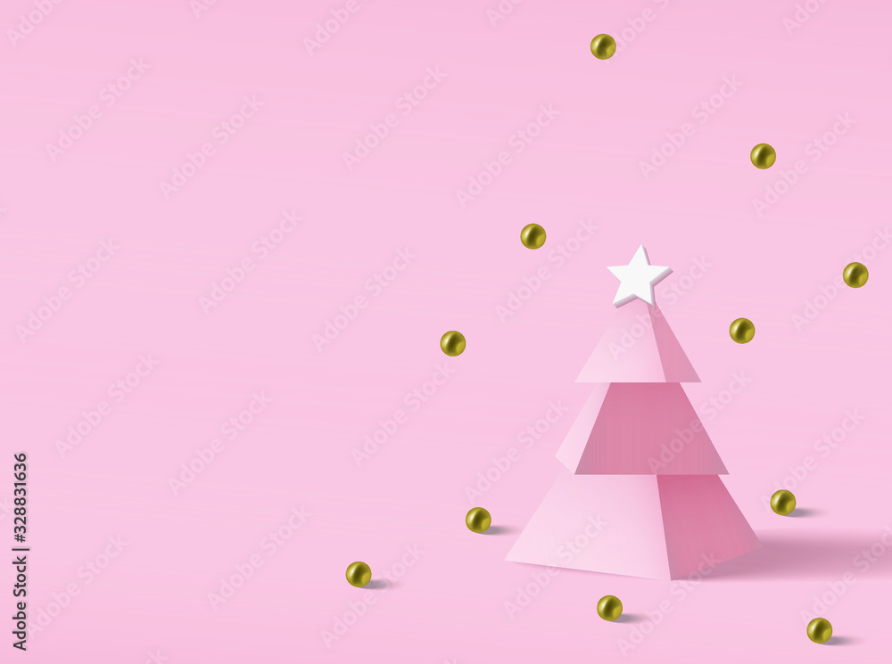 Christmas composition banner. Xmas design background with realistic tree, star and glitter gold ball decoration. 3D horizontal poster with copy space. Festive greeting card. vector illustration Christmas composition banner. Xmas design background with realistic tree, star and glitter gold ball decoration. 3D horizontal poster with copy space. Festive greeting card. vector illustration