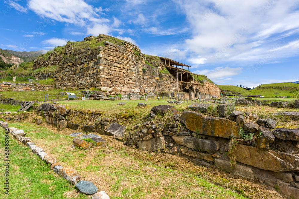 Exterior of the Chavin de Huantar´s temple at a sunny day in Conchucos Valley, Ancash Region, Peru