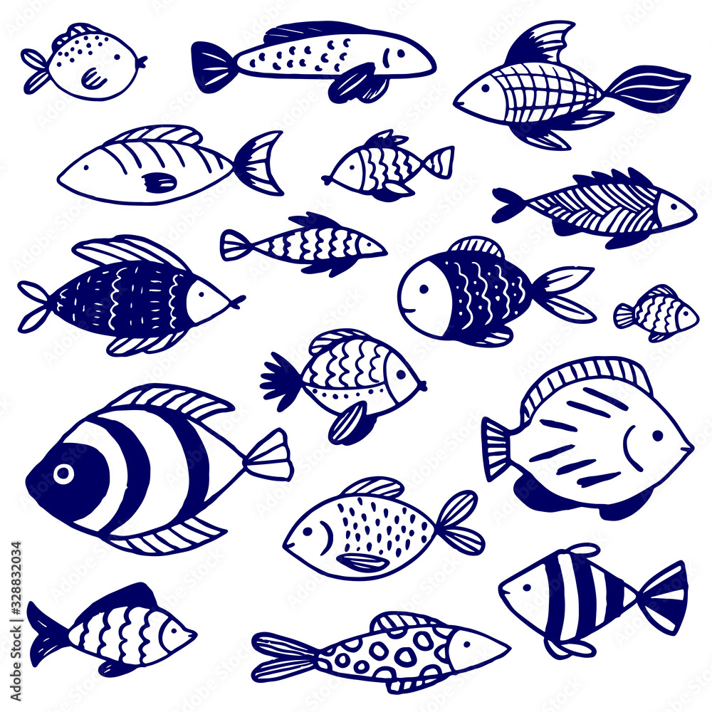 Vector doodle set of marine fish of different shapes with various hand-drawn patterns, isolated on white background. Illustration for design on the theme of marine animals, sea, travel. Vector doodle set of marine fish of different shapes with various hand-drawn patterns, isolated on white background. Illustration for design on the theme of marine animals, sea, travel.