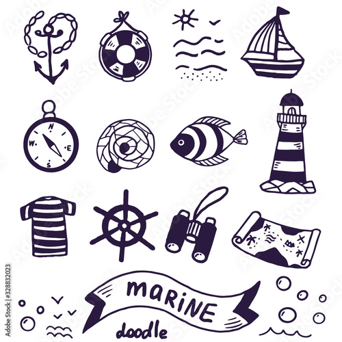 Doodle set of nautical elements for design on the theme of travel, adventure, leisure and sea. Elements of anchor, compass, helm, lighthouse and other hand-drawn others isolated on white background