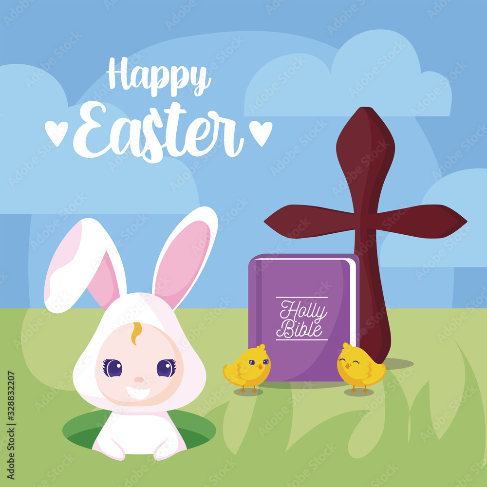 cute rabbit, catholic bible with holy bible with chickens around Stock