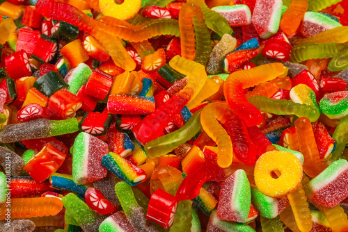 Assorted gummy candies. Top view. Jelly sweets background.