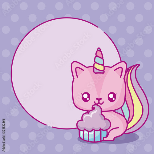 kawaii unicorn with cupcake over purple background