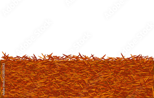 Red mulch used for gardening and landscape decoration. Bright mulch for  flower beds using natural pine bark.Landscape design color mulch. Red mulch background with copy space. Stock vector photo