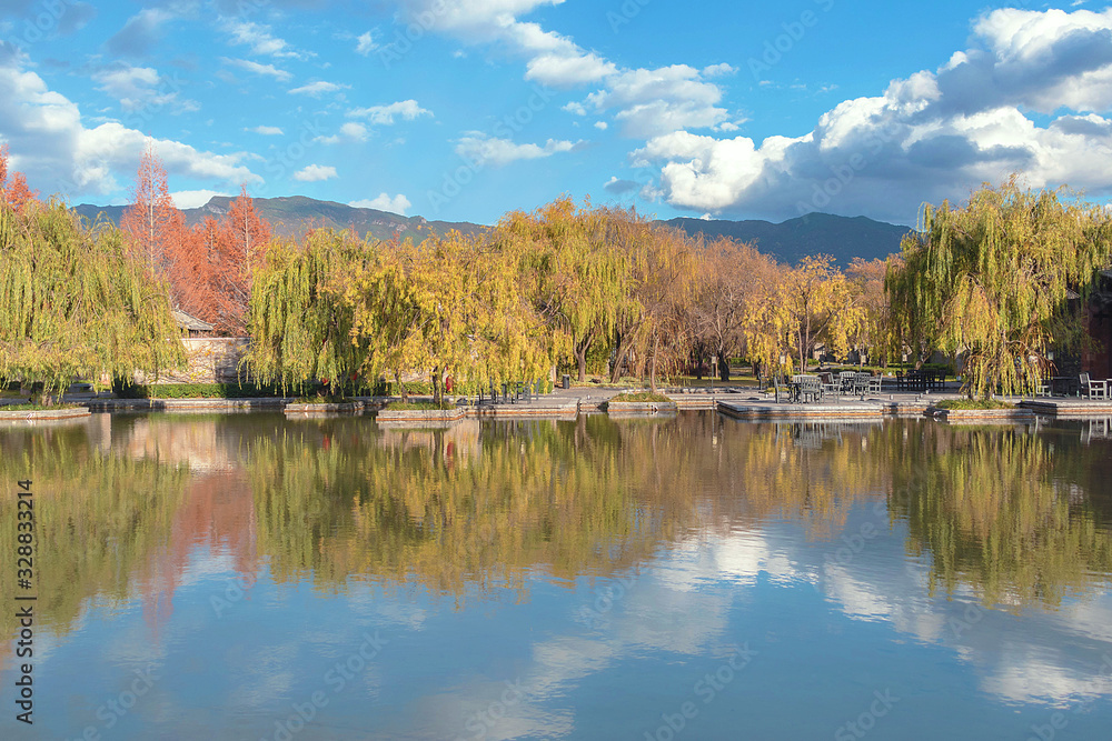 Ranges of tree in different color with sky and their reflection in the water, landscape
