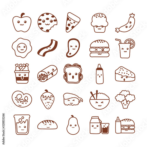 set of icons kawaii food , line style icon