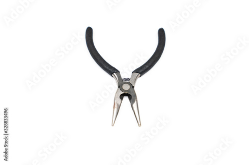 small steel clamp tool with black plastic handle grib isolated white background with clipping path