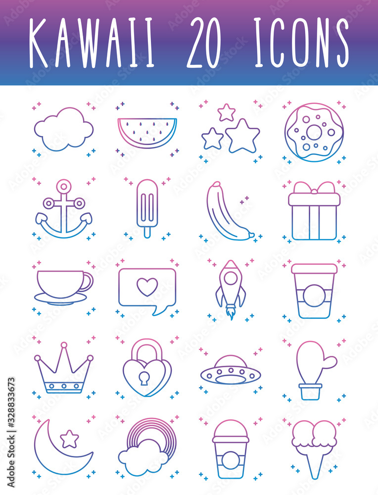 stars and kawaii icon set, gradient line style stars and kawaii icon set, gradient line style