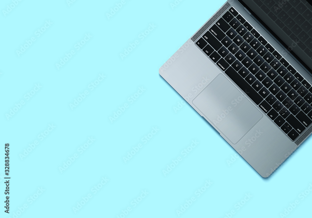 Realistic flatlay laptop isolated on blue background. Top view modern computer notebook with empty screen. blank copy space with mobile computer. Realistic flatlay laptop isolated on blue background. Top view modern computer notebook with empty screen. blank copy space with mobile computer.